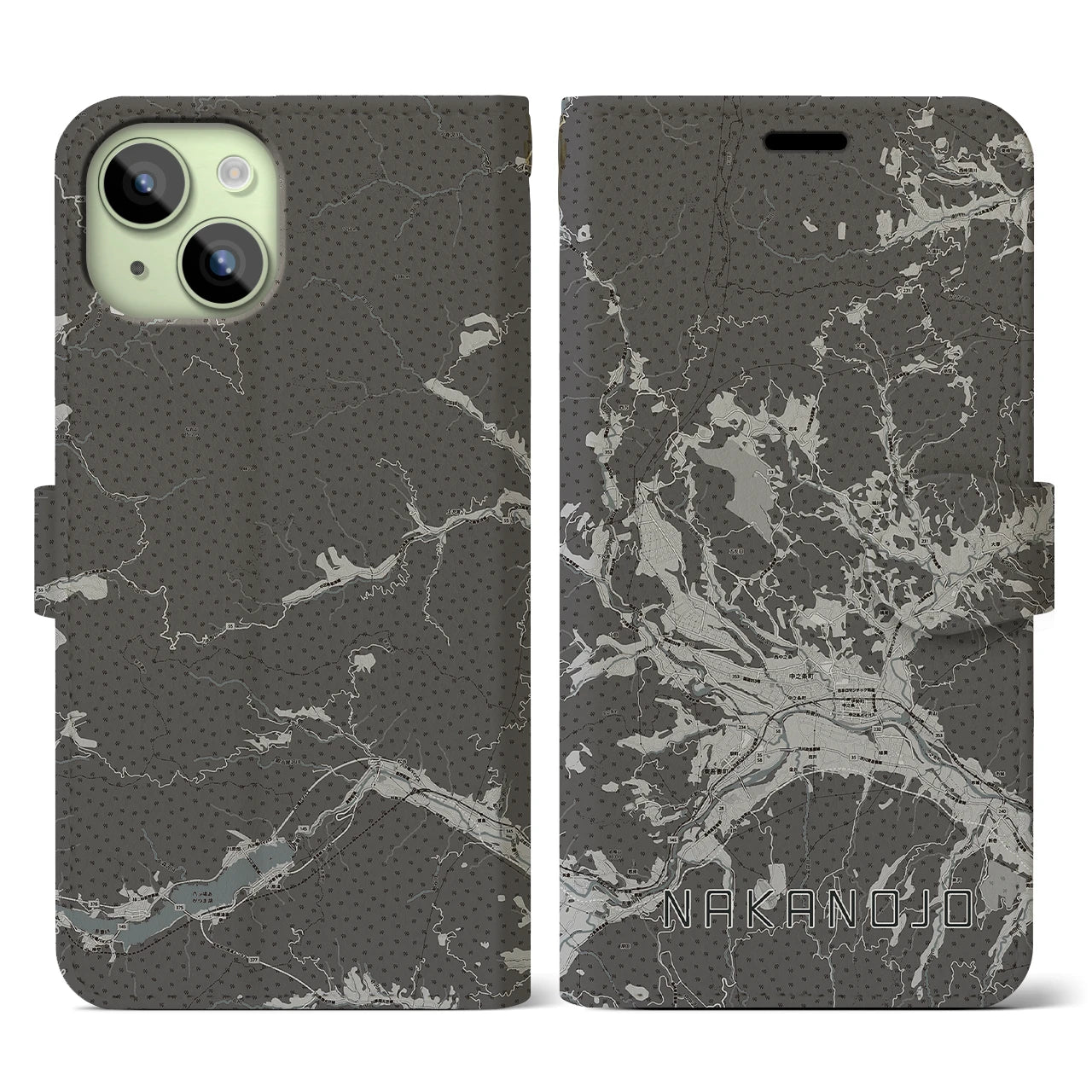 【中之条(群馬県)】地図柄iPhoneケース(手帳タイプ)モノトーン・iPhone 15 用