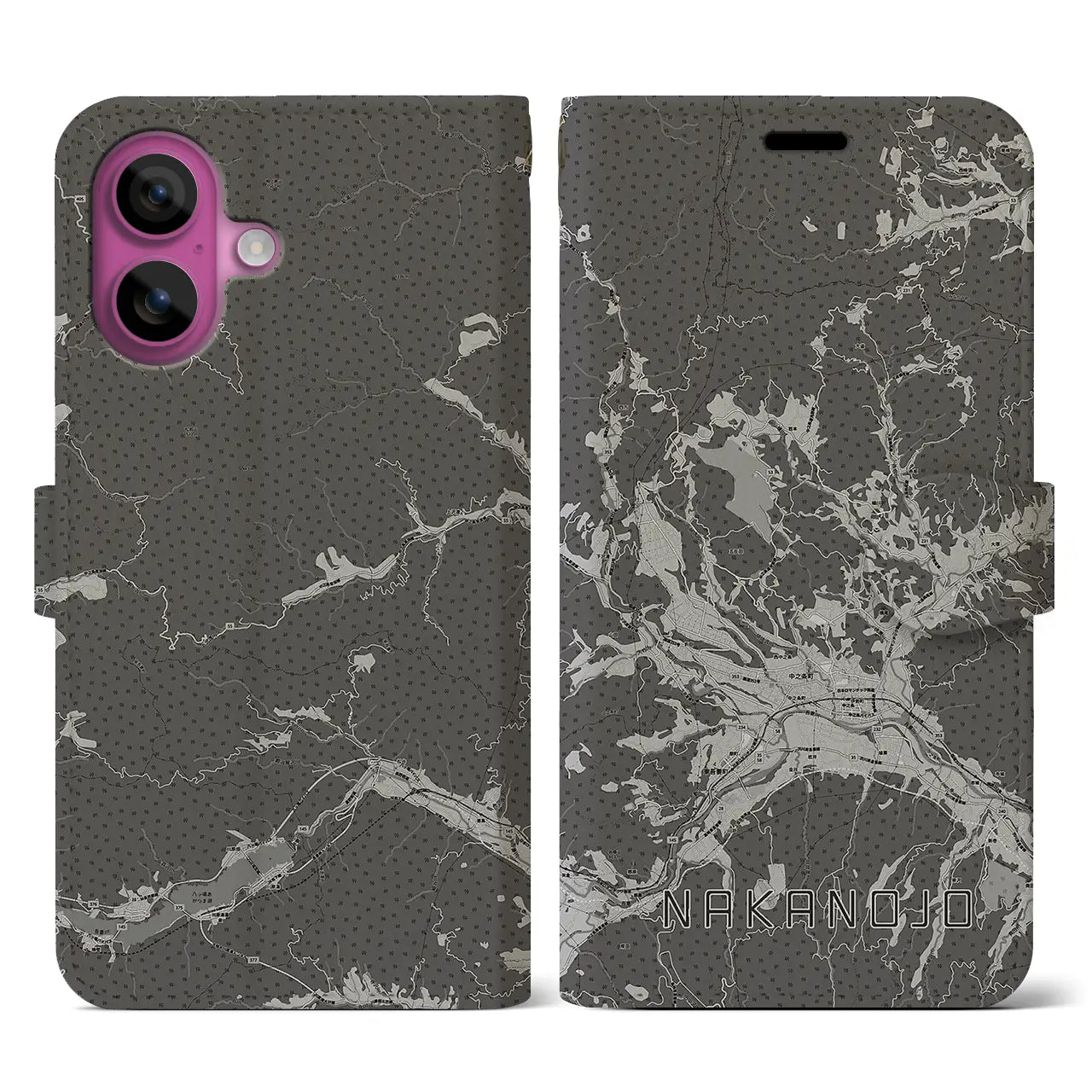 【中之条(群馬県)】地図柄iPhoneケース(手帳タイプ)モノトーン・iPhone 16 Pro 用