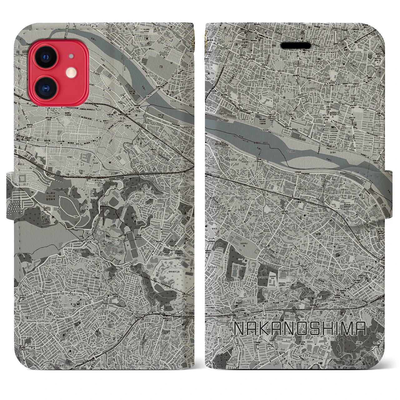 【中野島(神奈川県)】地図柄iPhoneケース(手帳タイプ)モノトーン・iPhone 11 用