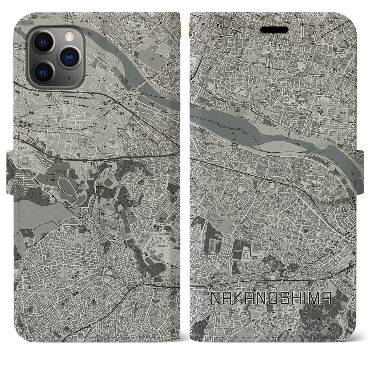【中野島(神奈川県)】地図柄iPhoneケース(手帳タイプ)モノトーン・iPhone 11 Pro Max 用
