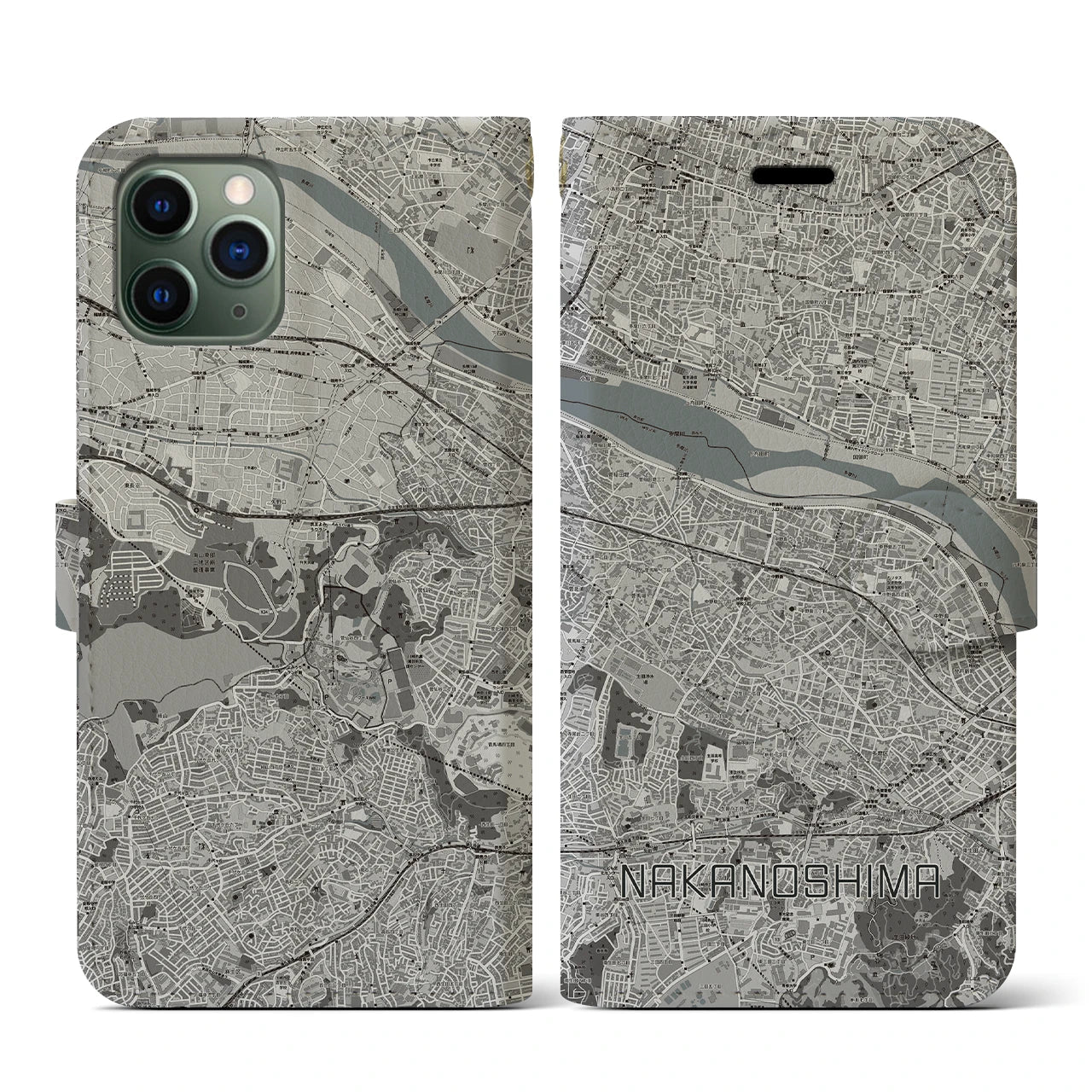 【中野島(神奈川県)】地図柄iPhoneケース(手帳タイプ)モノトーン・iPhone 11 Pro 用