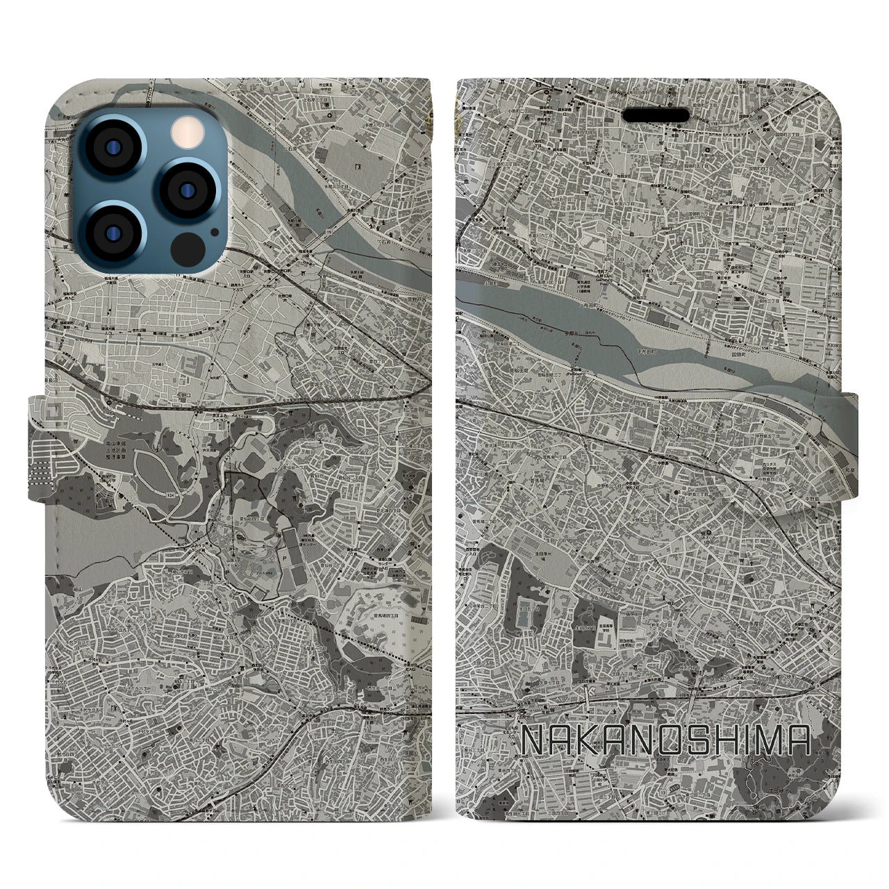 【中野島(神奈川県)】地図柄iPhoneケース(手帳タイプ)モノトーン・iPhone 12 / 12 Pro 用