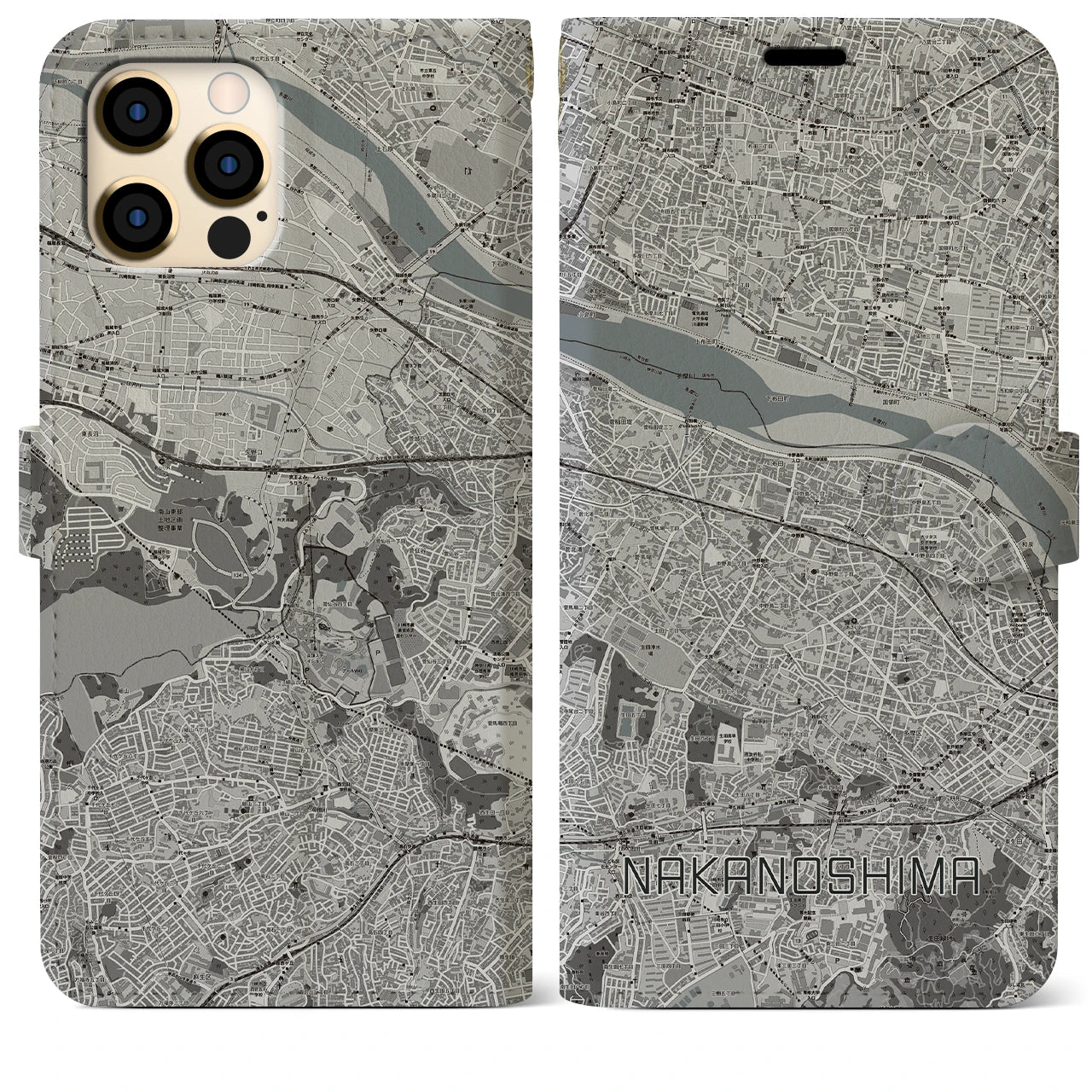 【中野島(神奈川県)】地図柄iPhoneケース(手帳タイプ)モノトーン・iPhone 12 Pro Max 用