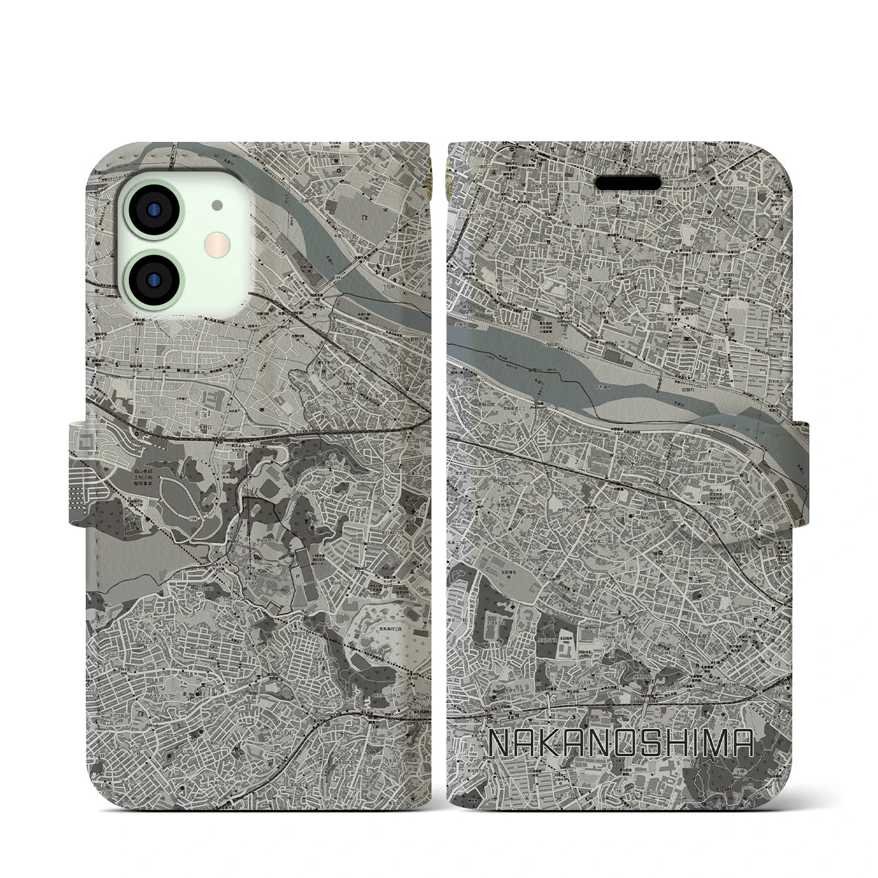 【中野島(神奈川県)】地図柄iPhoneケース(手帳タイプ)モノトーン・iPhone 12 mini 用