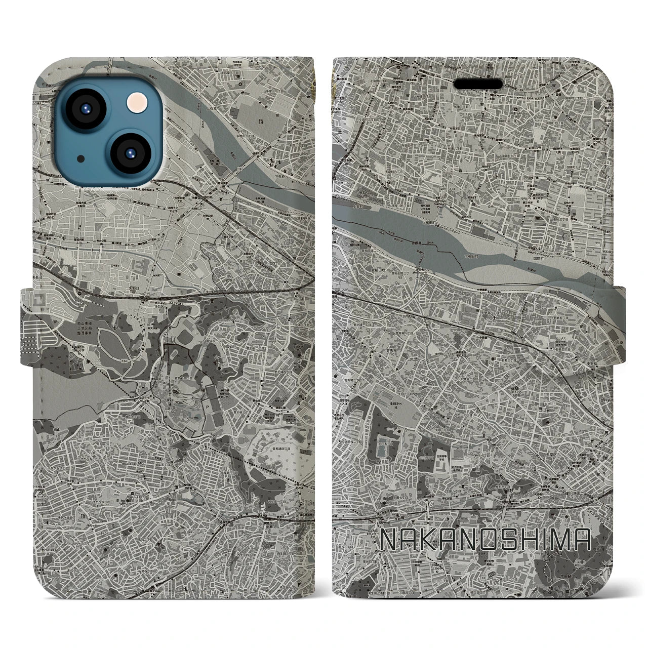 【中野島(神奈川県)】地図柄iPhoneケース(手帳タイプ)モノトーン・iPhone 13 用