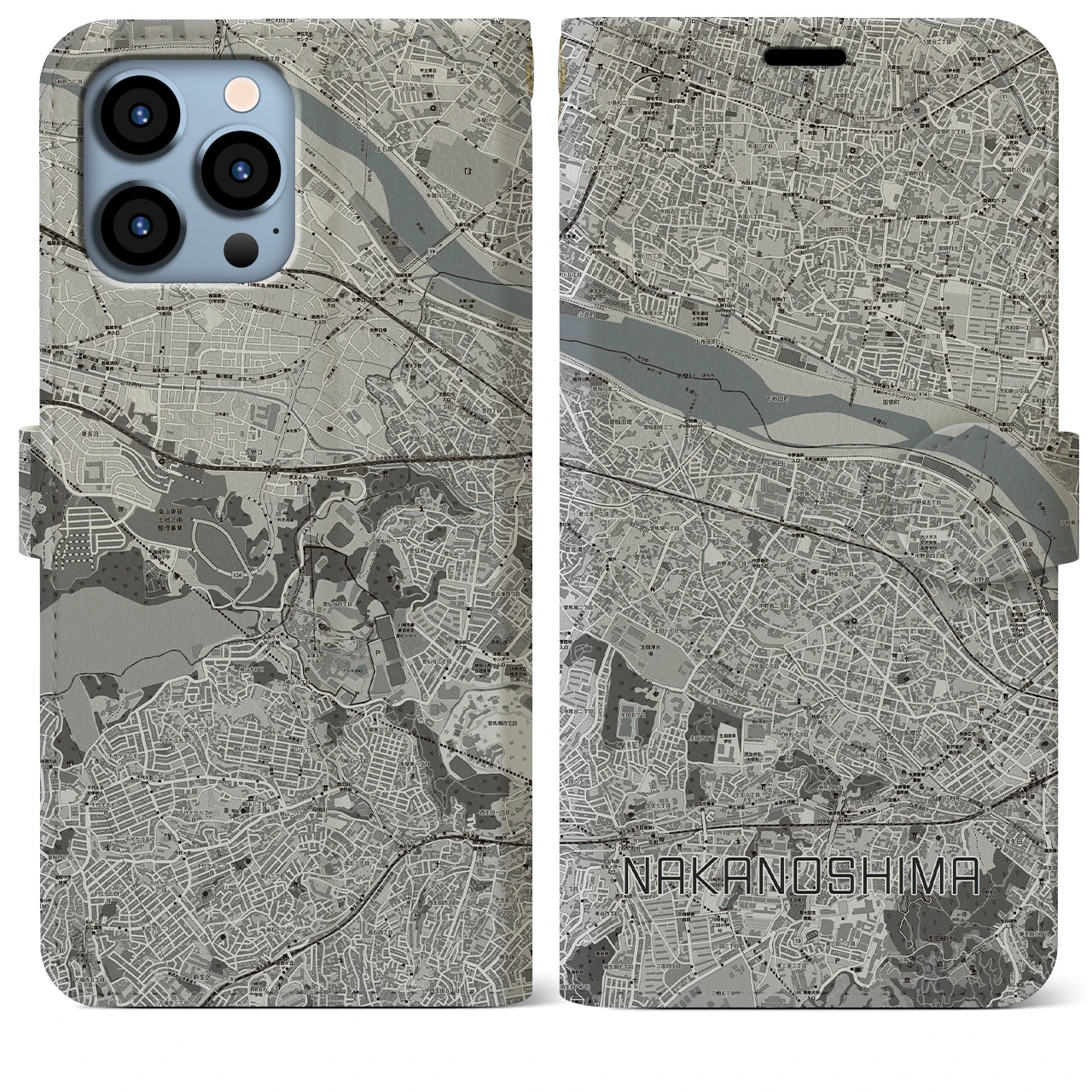 【中野島(神奈川県)】地図柄iPhoneケース(手帳タイプ)モノトーン・iPhone 13 Pro Max 用