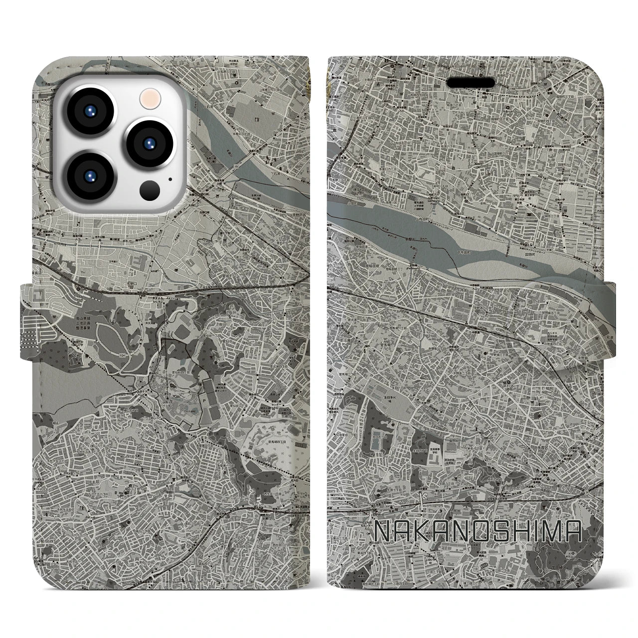 【中野島(神奈川県)】地図柄iPhoneケース(手帳タイプ)モノトーン・iPhone 13 Pro 用