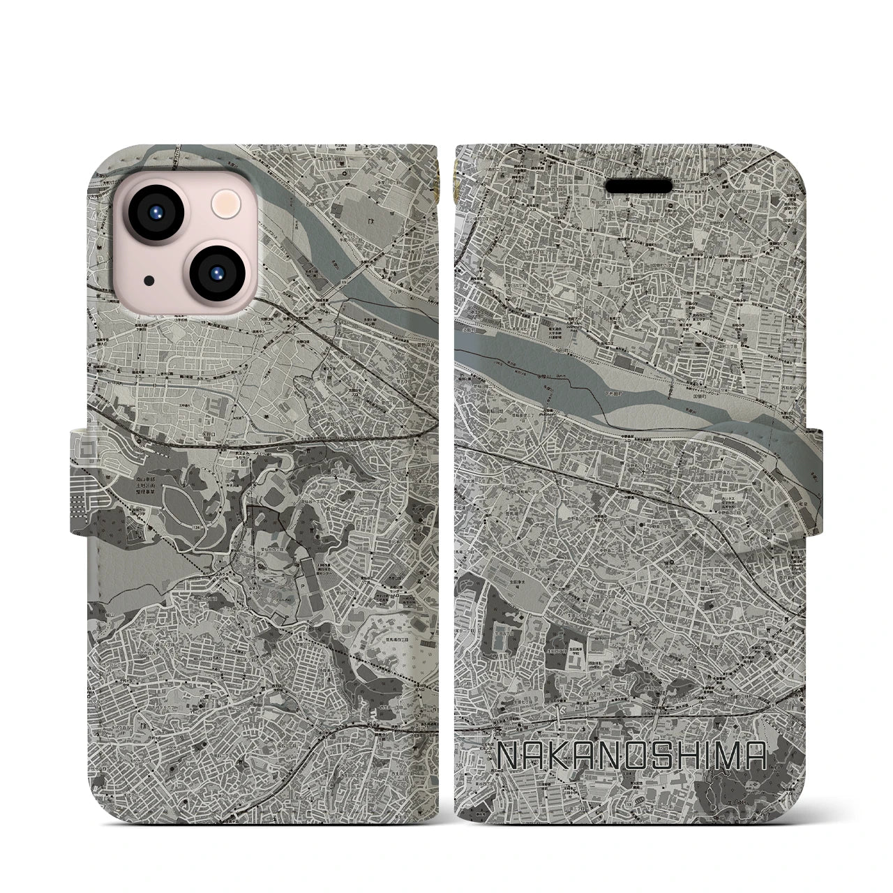 【中野島(神奈川県)】地図柄iPhoneケース(手帳タイプ)モノトーン・iPhone 13 mini 用