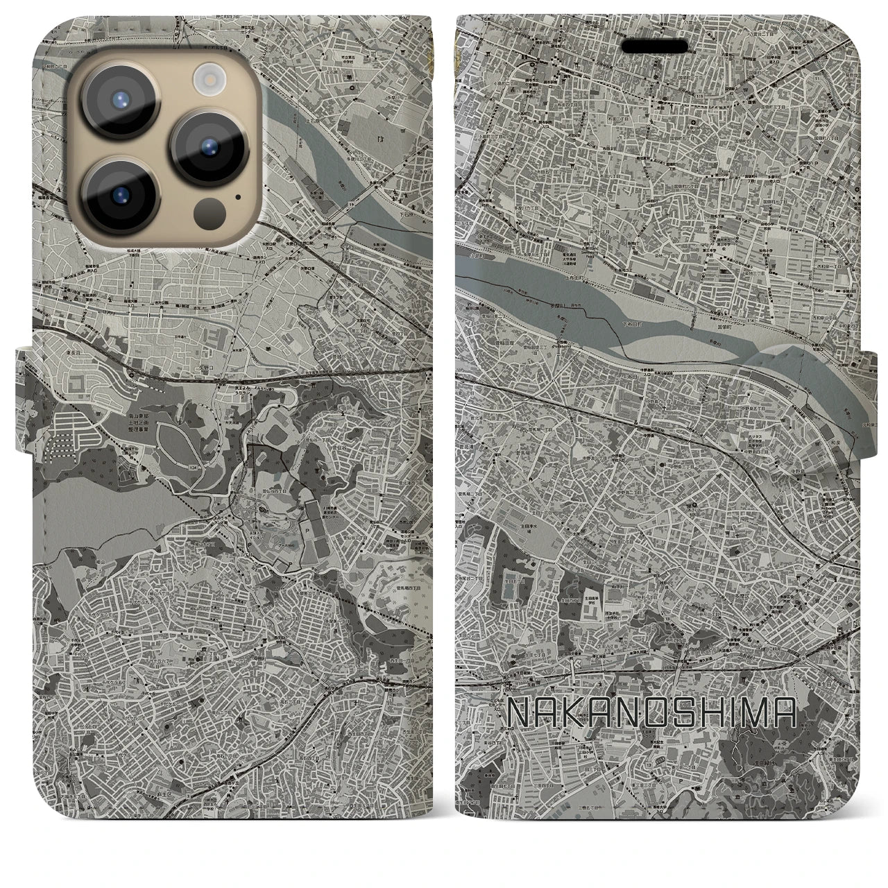 【中野島(神奈川県)】地図柄iPhoneケース(手帳タイプ)モノトーン・iPhone 14 Pro Max 用
