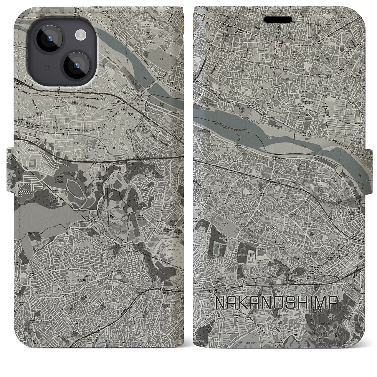 【中野島(神奈川県)】地図柄iPhoneケース(手帳タイプ)モノトーン・iPhone 14 Plus 用