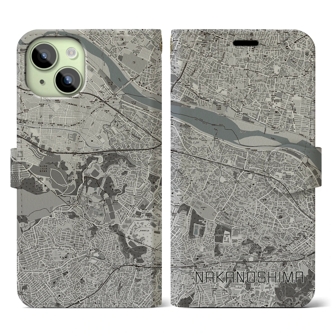 【中野島(神奈川県)】地図柄iPhoneケース(手帳タイプ)モノトーン・iPhone 15 用