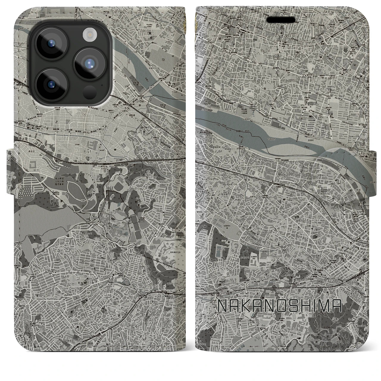 【中野島(神奈川県)】地図柄iPhoneケース(手帳タイプ)モノトーン・iPhone 15 Pro Max 用