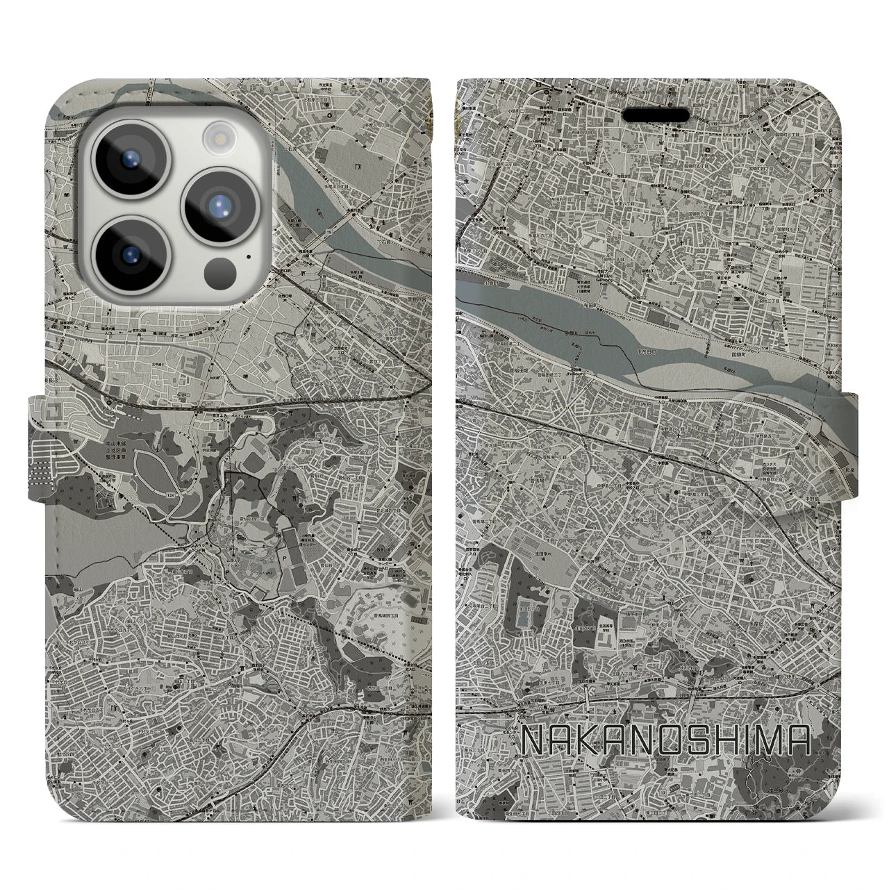【中野島(神奈川県)】地図柄iPhoneケース(手帳タイプ)モノトーン・iPhone 15 Pro 用
