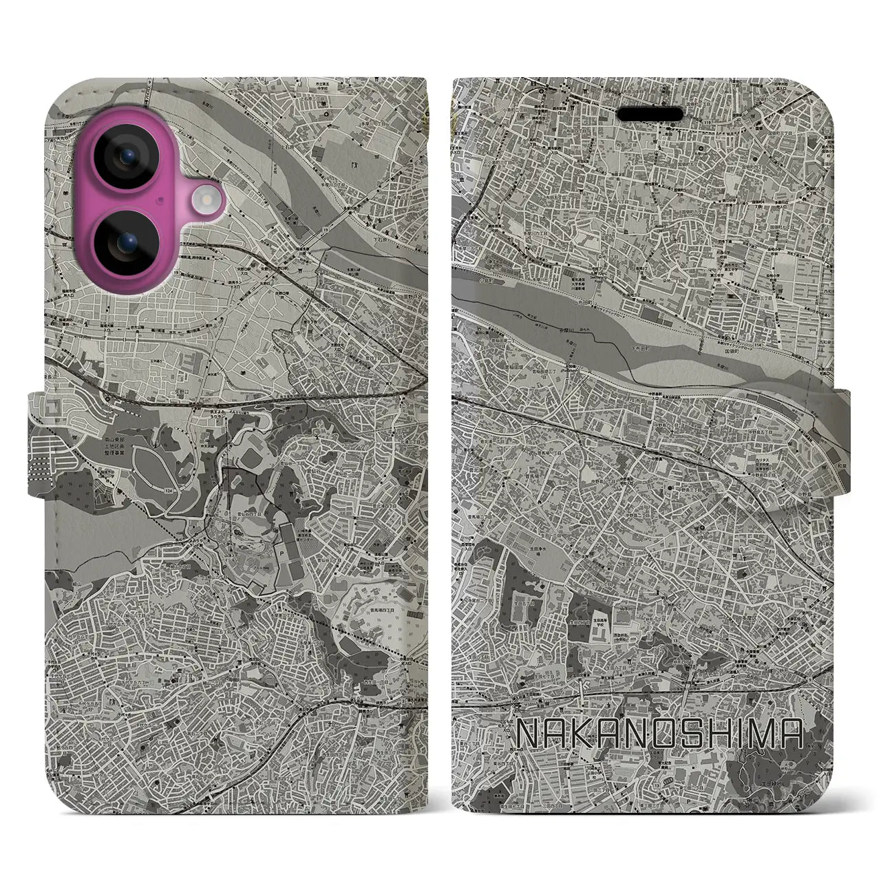 【中野島(神奈川県)】地図柄iPhoneケース(手帳タイプ)モノトーン・iPhone 16 Pro 用