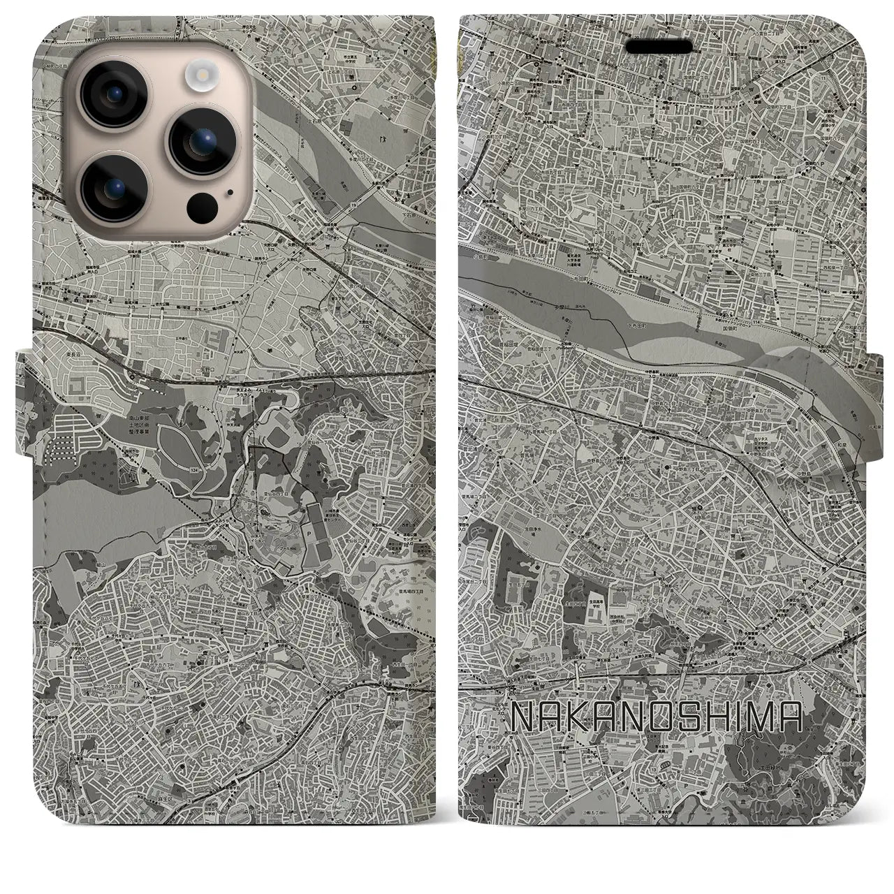 【中野島(神奈川県)】地図柄iPhoneケース(手帳タイプ)モノトーン・iPhone 16 Plus 用