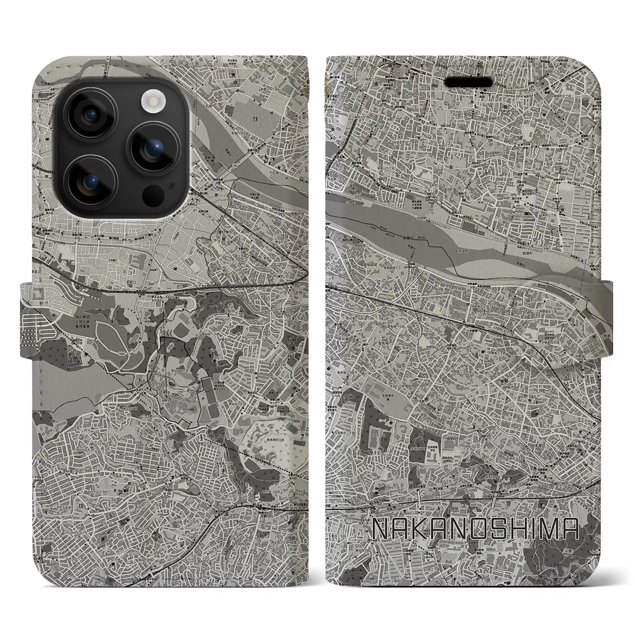 【中野島(神奈川県)】地図柄iPhoneケース(手帳タイプ)モノトーン・iPhone 16 用