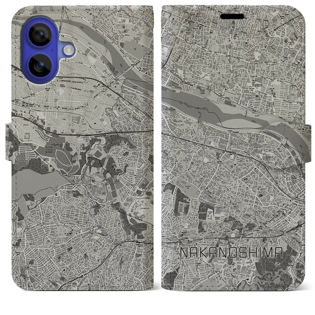 【中野島(神奈川県)】地図柄iPhoneケース(手帳タイプ)モノトーン・iPhone 16 Pro Max 用