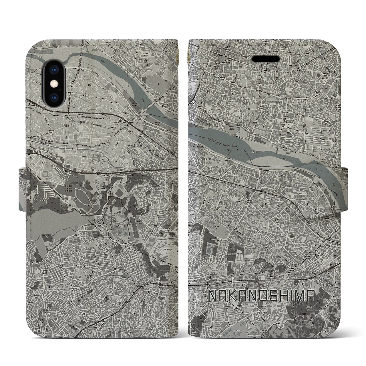 【中野島(神奈川県)】地図柄iPhoneケース(手帳タイプ)モノトーン・iPhone XS / X 用
