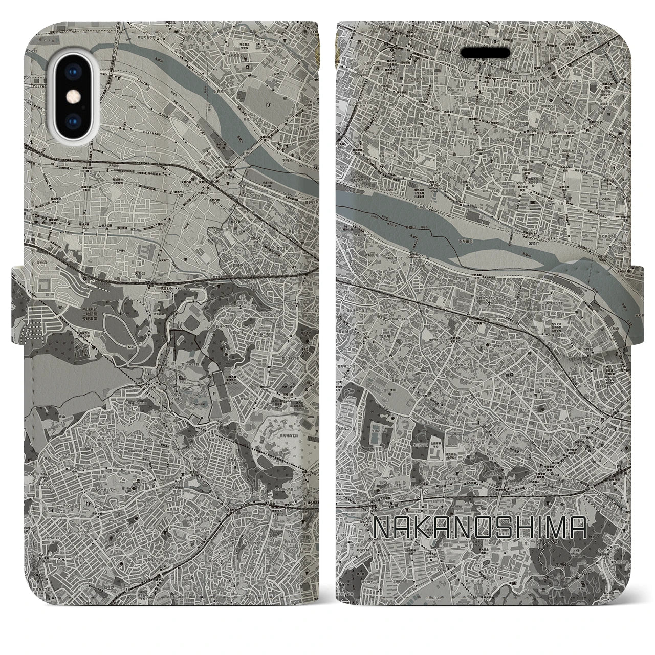 【中野島(神奈川県)】地図柄iPhoneケース(手帳タイプ)モノトーン・iPhone XS Max 用