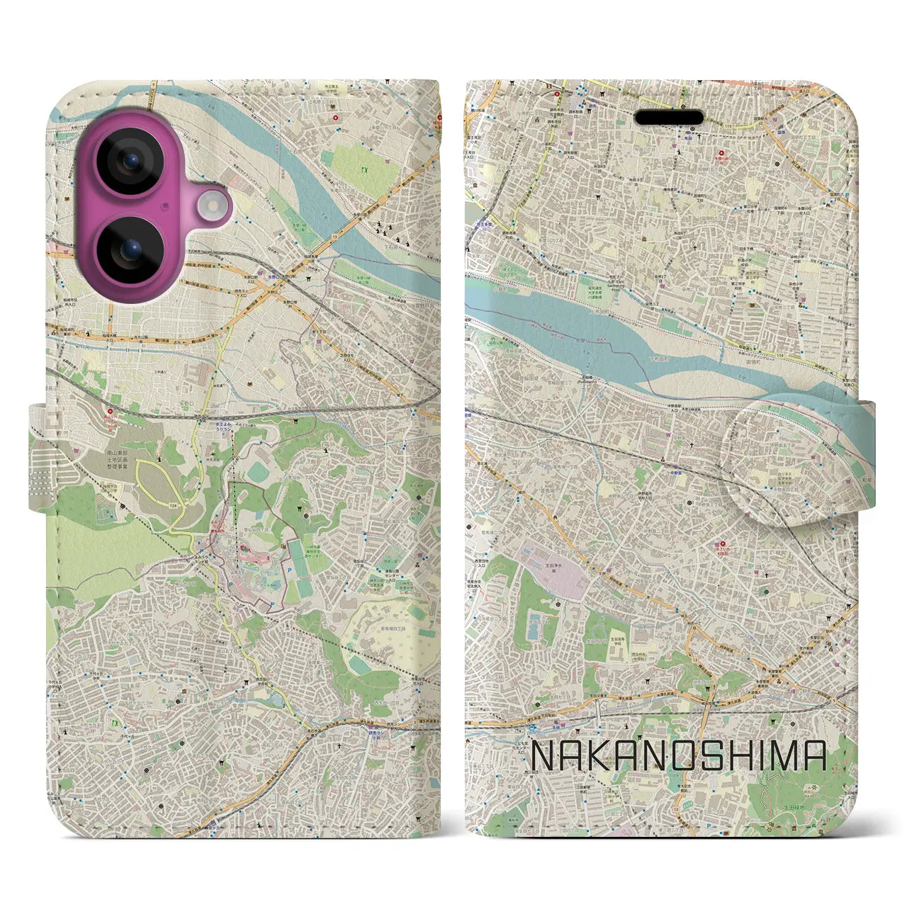 【中野島(神奈川県)】地図柄iPhoneケース(手帳タイプ)ナチュラル・iPhone 16 Pro 用