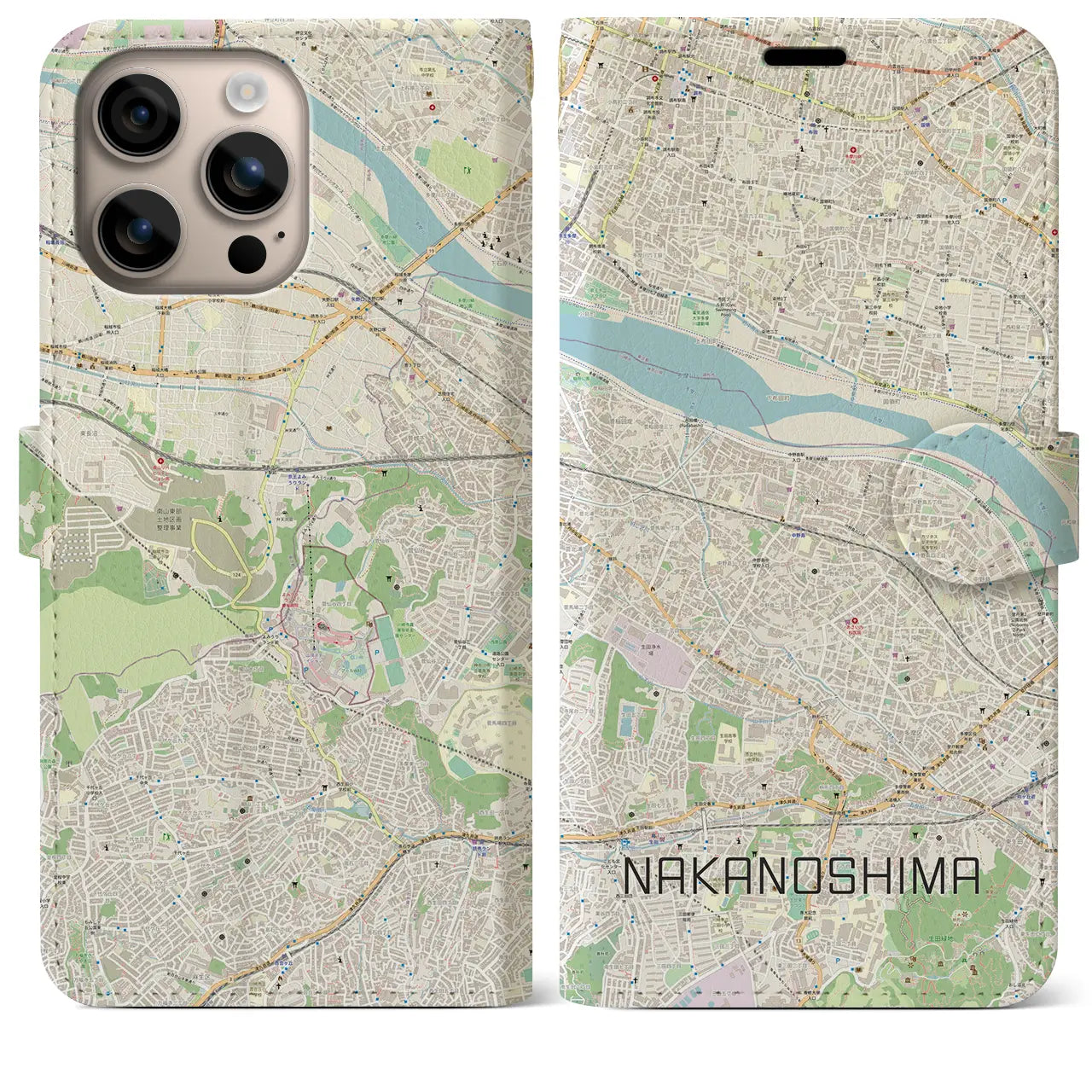 【中野島(神奈川県)】地図柄iPhoneケース(手帳タイプ)ナチュラル・iPhone 16 Plus 用
