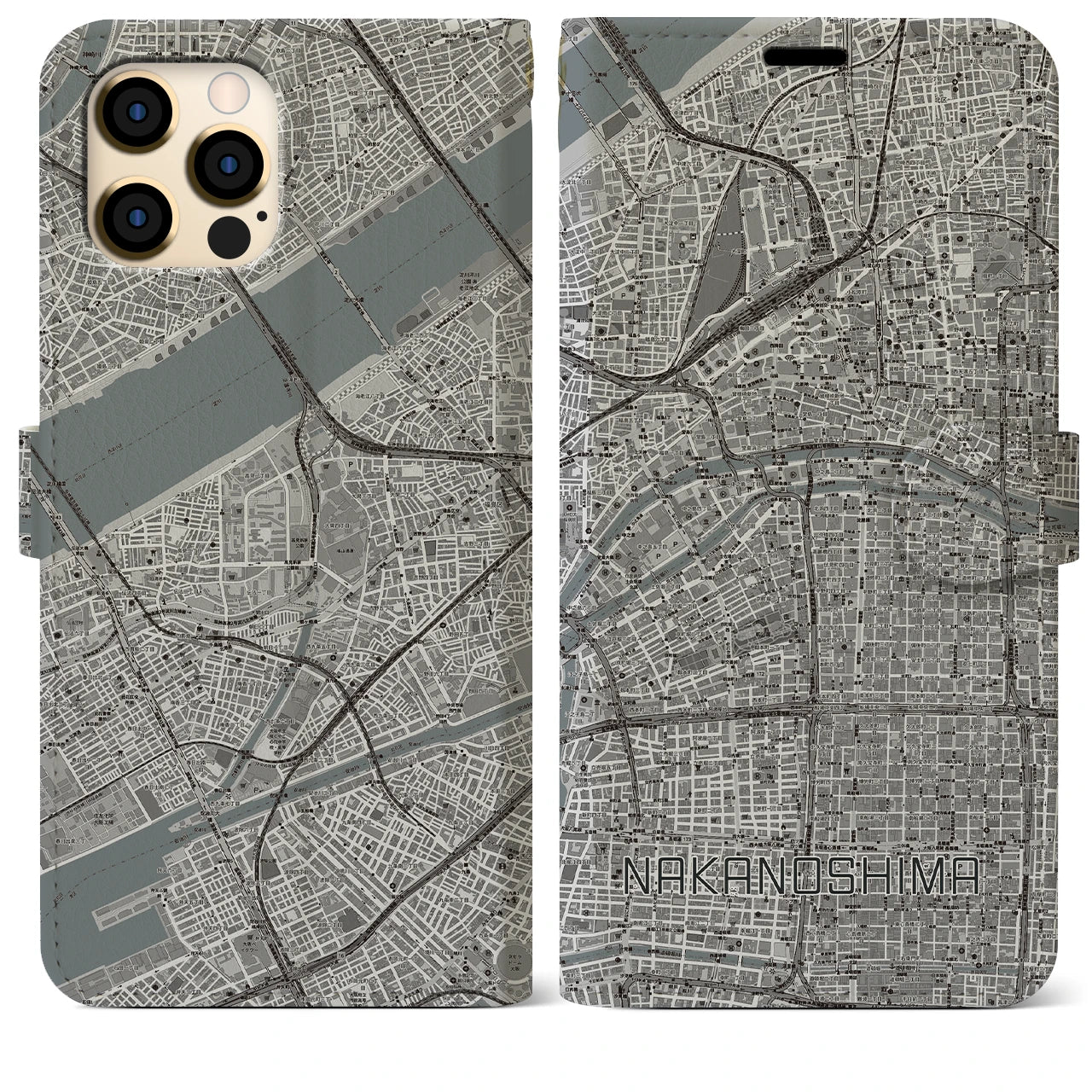 【中之島(大阪府)】地図柄iPhoneケース(手帳タイプ)モノトーン・iPhone 12 Pro Max 用