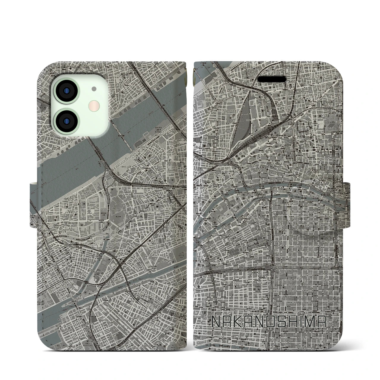 【中之島(大阪府)】地図柄iPhoneケース(手帳タイプ)モノトーン・iPhone 12 mini 用