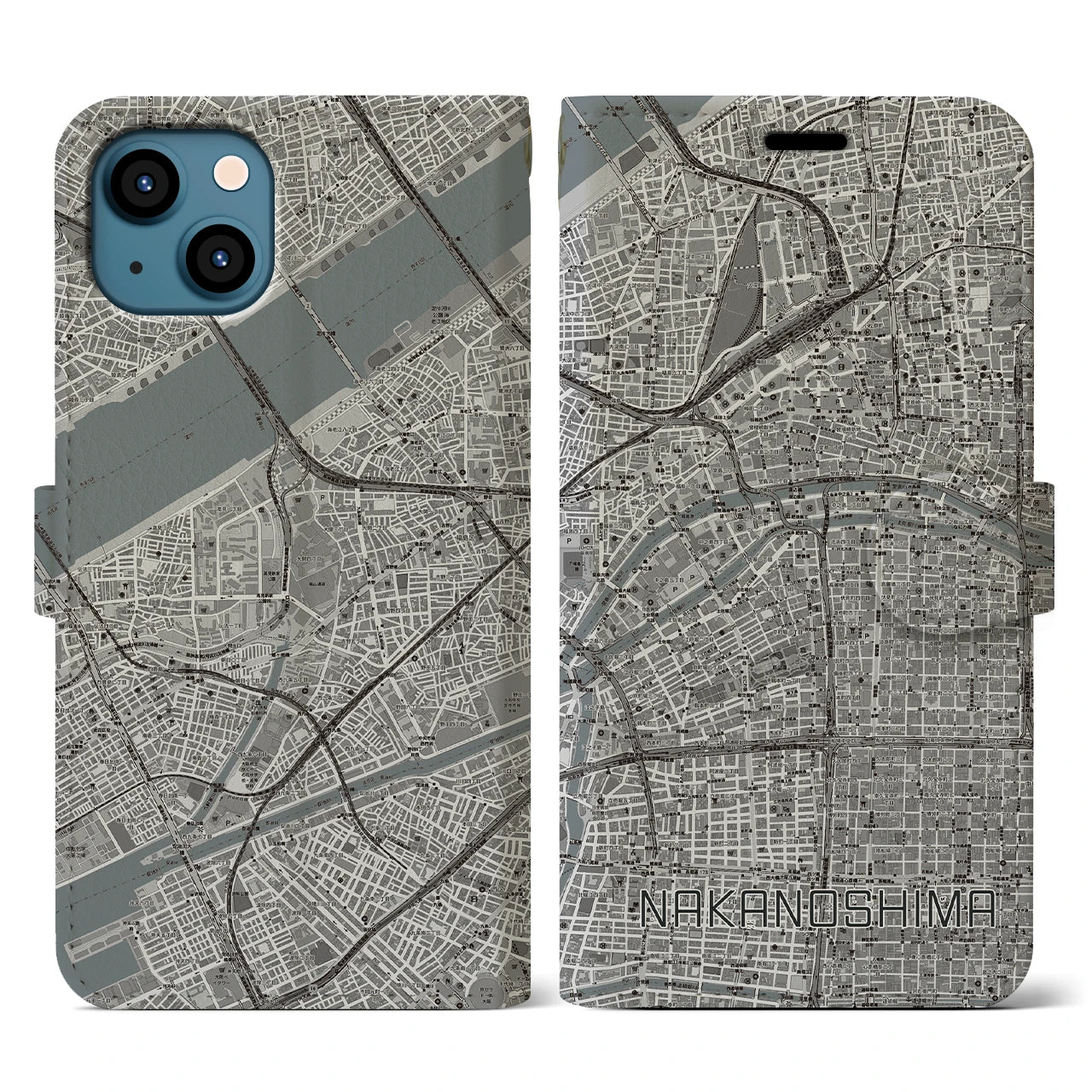 【中之島(大阪府)】地図柄iPhoneケース(手帳タイプ)モノトーン・iPhone 13 用