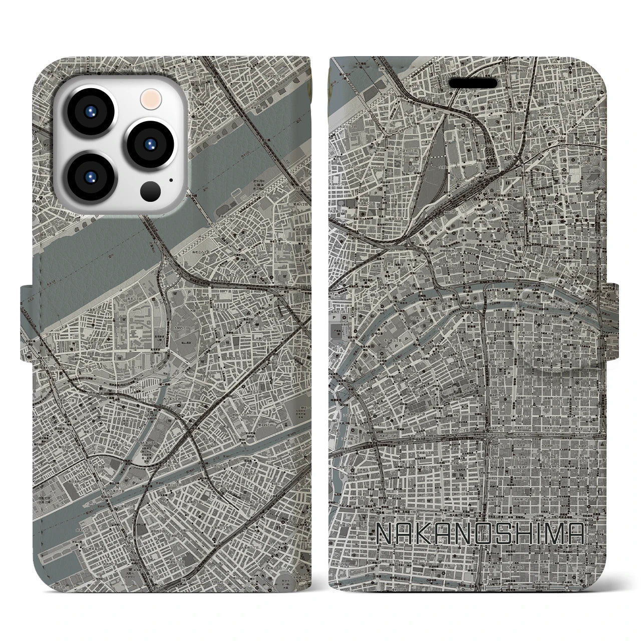 【中之島(大阪府)】地図柄iPhoneケース(手帳タイプ)モノトーン・iPhone 13 Pro 用