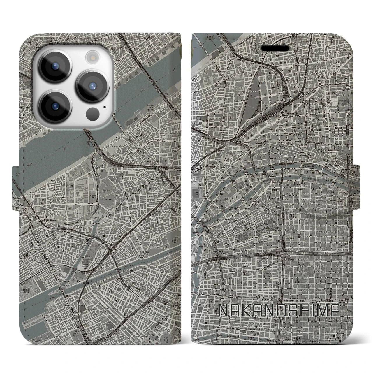 【中之島(大阪府)】地図柄iPhoneケース(手帳タイプ)モノトーン・iPhone 14 Pro 用