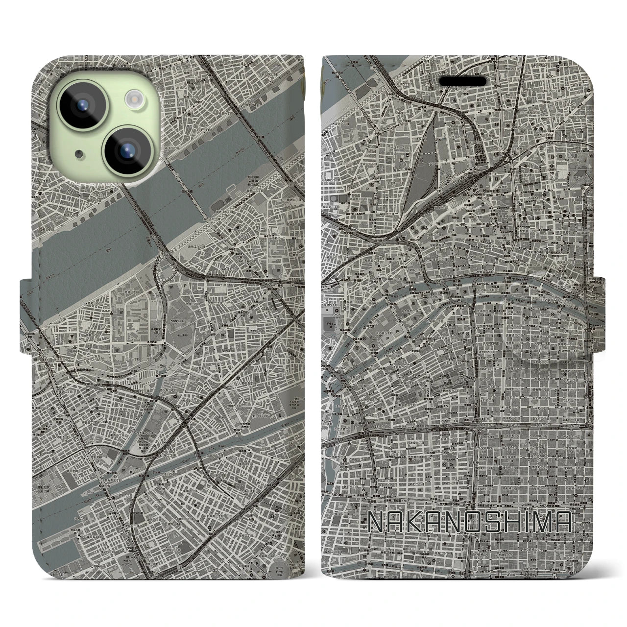 【中之島(大阪府)】地図柄iPhoneケース(手帳タイプ)モノトーン・iPhone 15 用