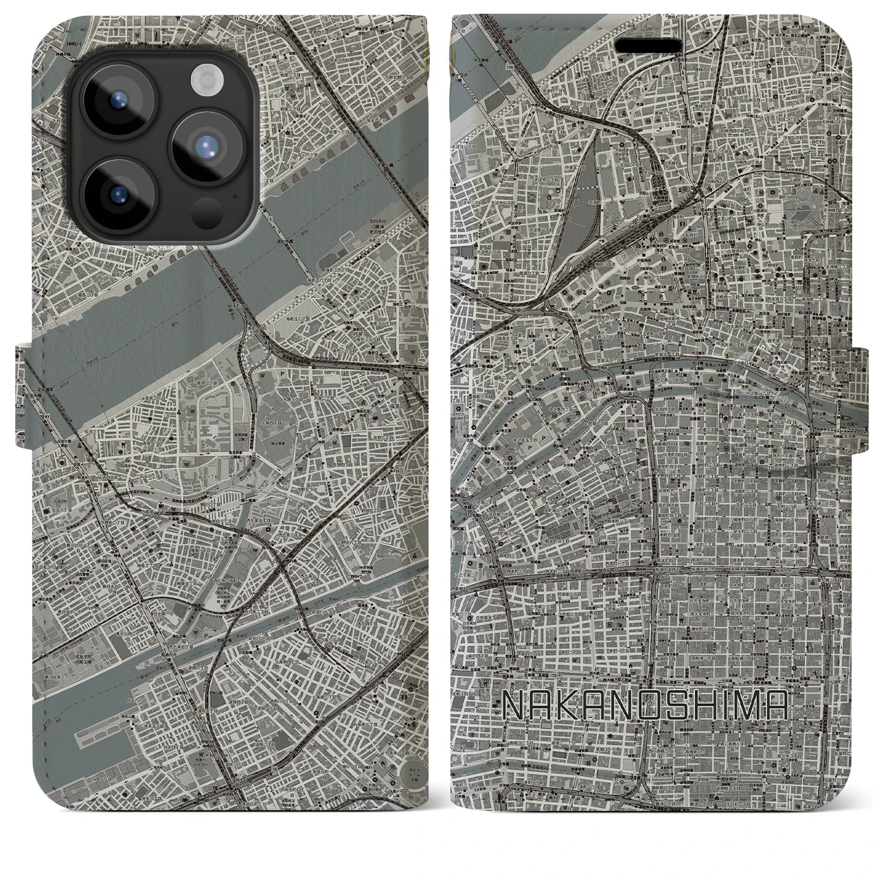 【中之島(大阪府)】地図柄iPhoneケース(手帳タイプ)モノトーン・iPhone 15 Pro Max 用