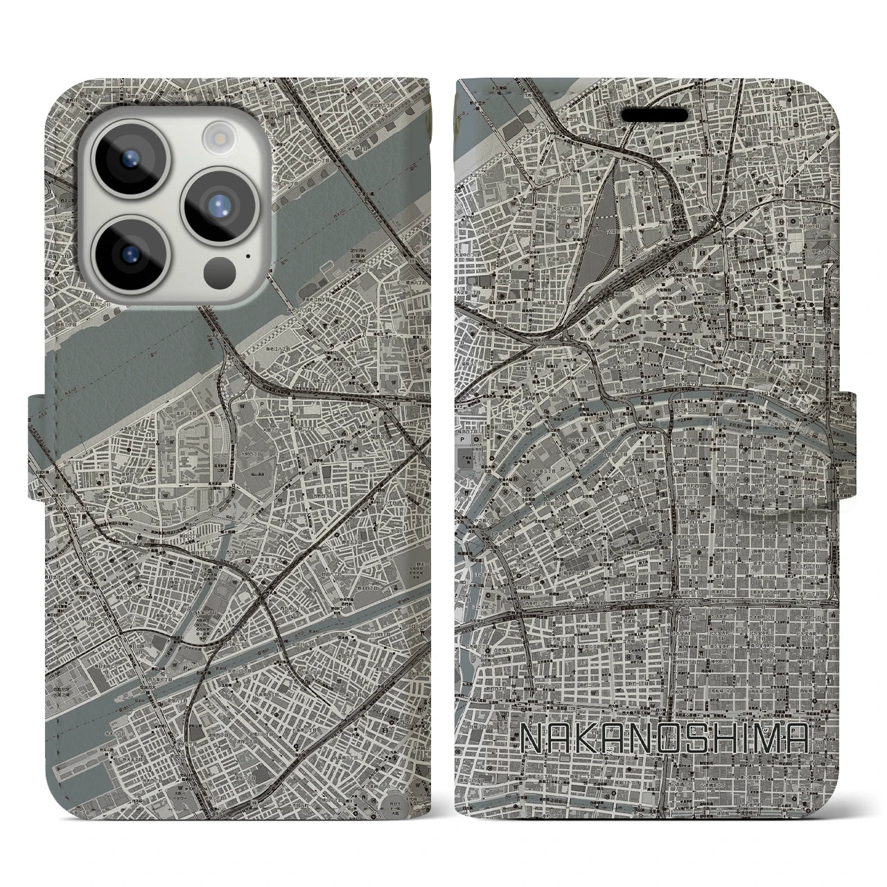 【中之島(大阪府)】地図柄iPhoneケース(手帳タイプ)モノトーン・iPhone 15 Pro 用