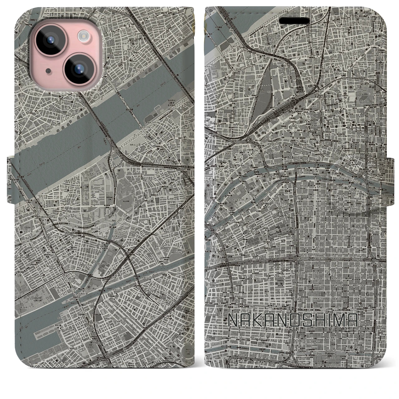 【中之島(大阪府)】地図柄iPhoneケース(手帳タイプ)モノトーン・iPhone 15 Plus 用