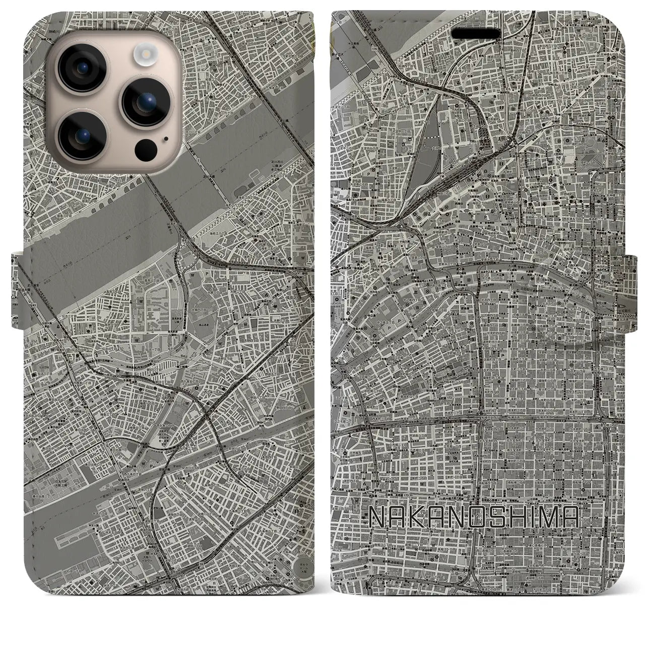 【中之島(大阪府)】地図柄iPhoneケース(手帳タイプ)モノトーン・iPhone 16 Plus 用