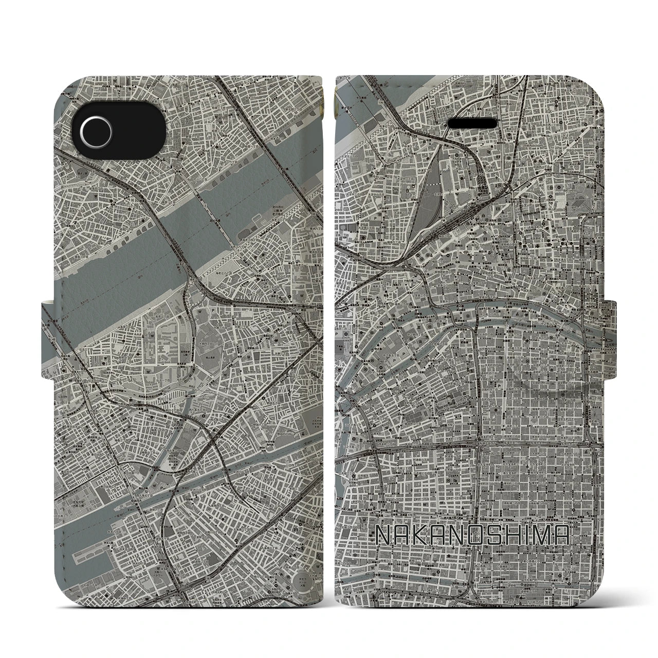 【中之島(大阪府)】地図柄iPhoneケース(手帳タイプ)モノトーン・iPhone SE(第3 / 第2世代) / 8 / 7 / 6s / 6 用