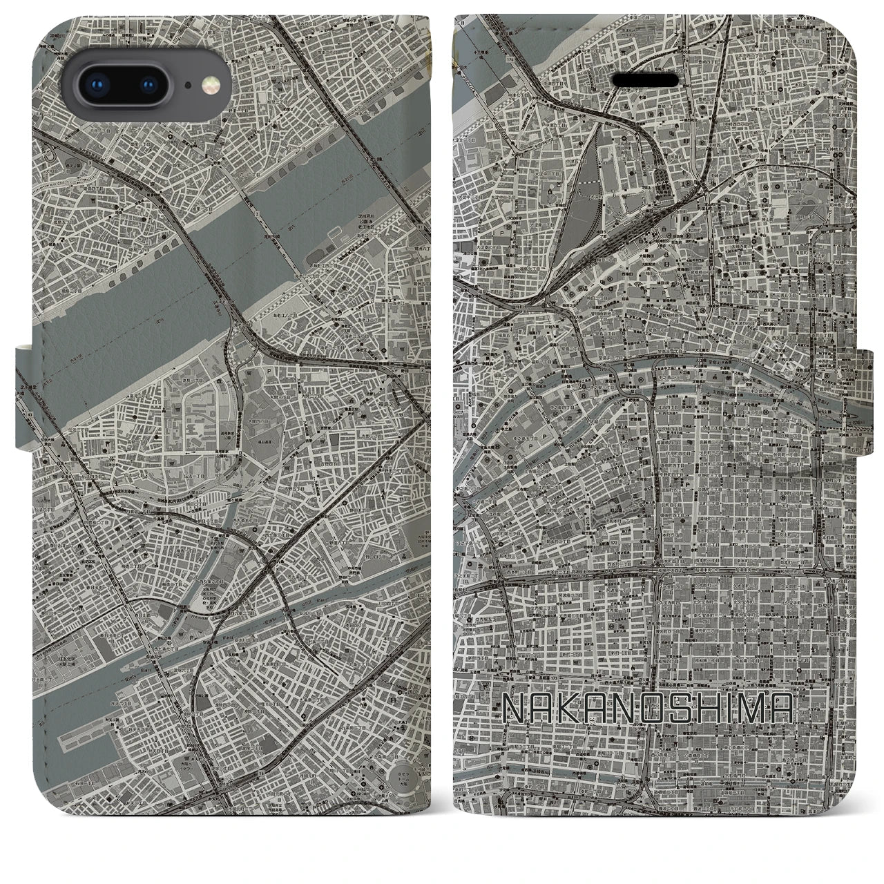 【中之島(大阪府)】地図柄iPhoneケース(手帳タイプ)モノトーン・iPhone 8Plus /7Plus / 6sPlus / 6Plus 用
