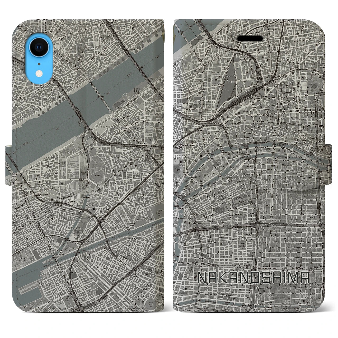 【中之島(大阪府)】地図柄iPhoneケース(手帳タイプ)モノトーン・iPhone XR 用