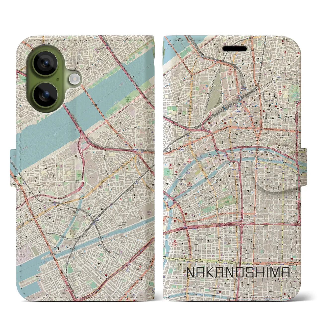 【中之島(大阪府)】地図柄iPhoneケース(手帳タイプ)モノトーン・iPhone 17 Pro Max 用