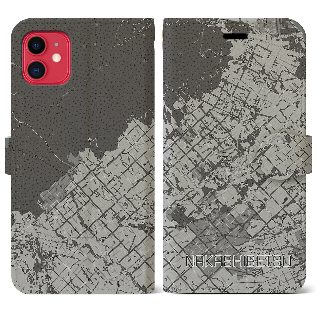 【中標津(北海道)】地図柄iPhoneケース(手帳タイプ)モノトーン・iPhone 11 用
