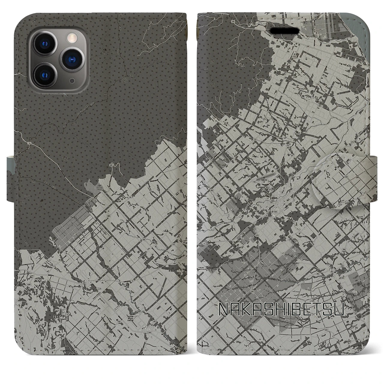 【中標津(北海道)】地図柄iPhoneケース(手帳タイプ)モノトーン・iPhone 11 Pro Max 用