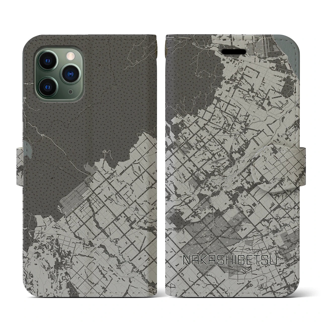 【中標津(北海道)】地図柄iPhoneケース(手帳タイプ)モノトーン・iPhone 11 Pro 用