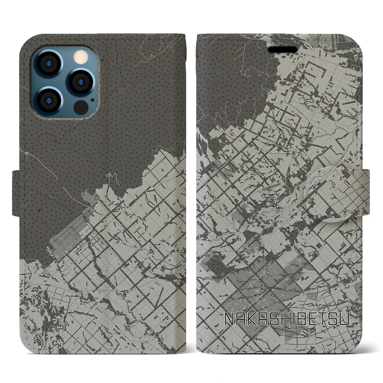 【中標津(北海道)】地図柄iPhoneケース(手帳タイプ)モノトーン・iPhone 12 / 12 Pro 用