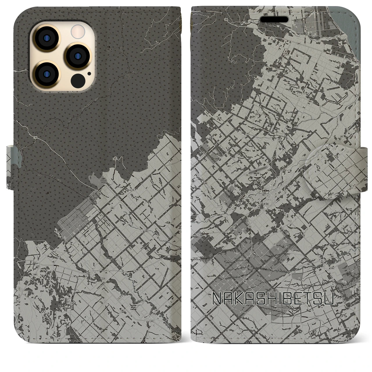 【中標津(北海道)】地図柄iPhoneケース(手帳タイプ)モノトーン・iPhone 12 Pro Max 用
