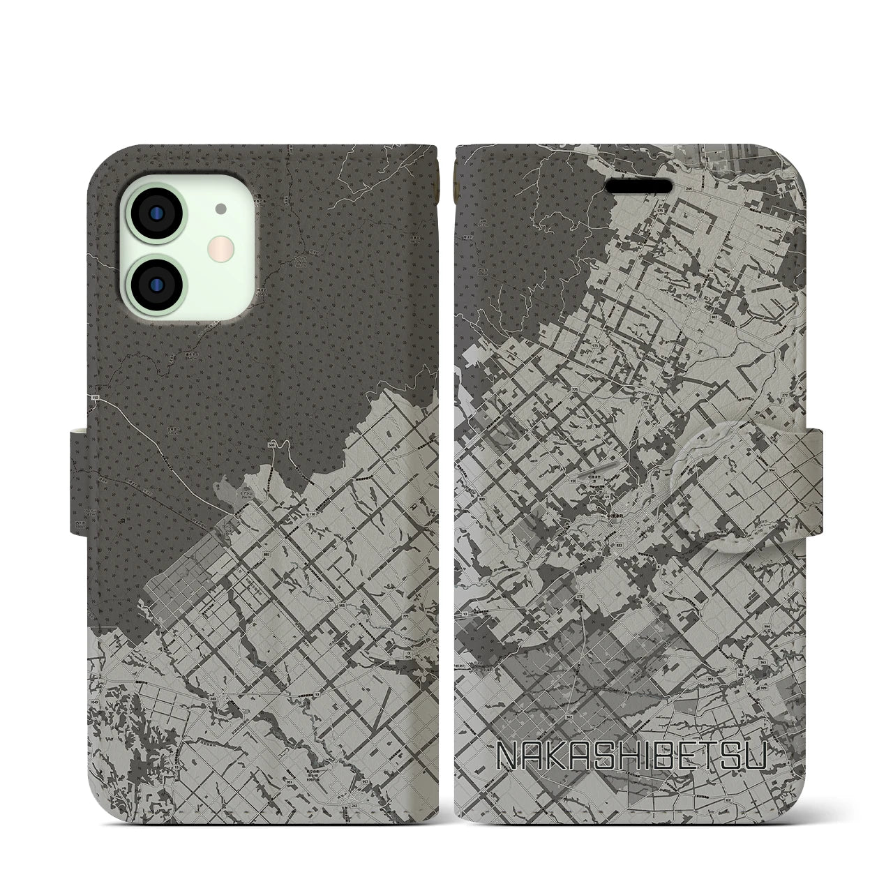 【中標津(北海道)】地図柄iPhoneケース(手帳タイプ)モノトーン・iPhone 12 mini 用