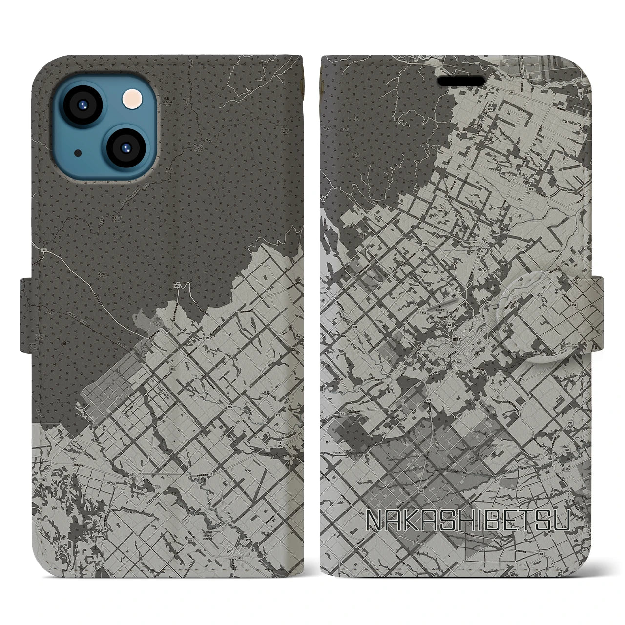 【中標津(北海道)】地図柄iPhoneケース(手帳タイプ)モノトーン・iPhone 13 用