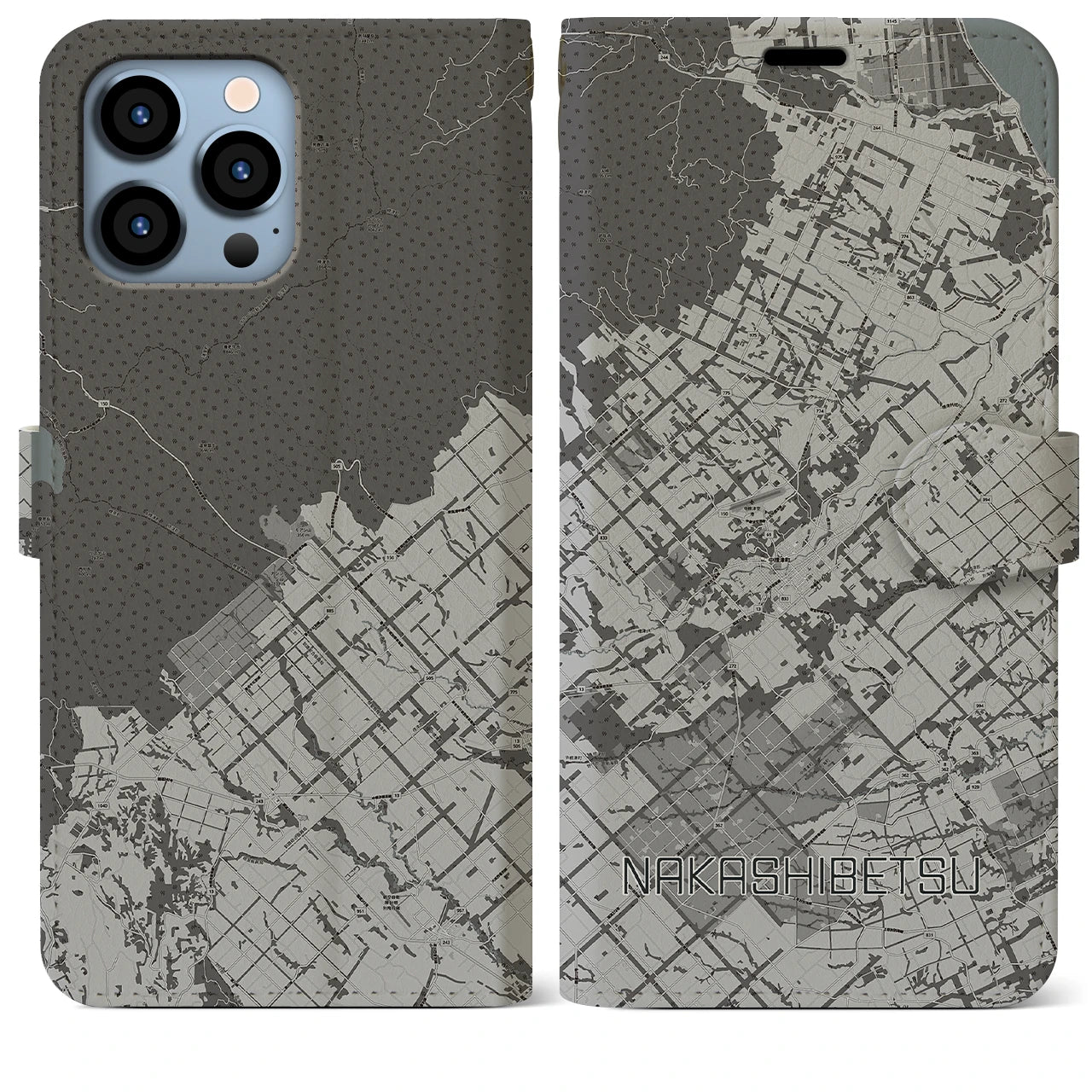 【中標津(北海道)】地図柄iPhoneケース(手帳タイプ)モノトーン・iPhone 13 Pro Max 用