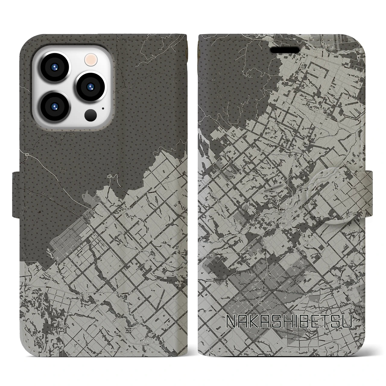 【中標津(北海道)】地図柄iPhoneケース(手帳タイプ)モノトーン・iPhone 13 Pro 用