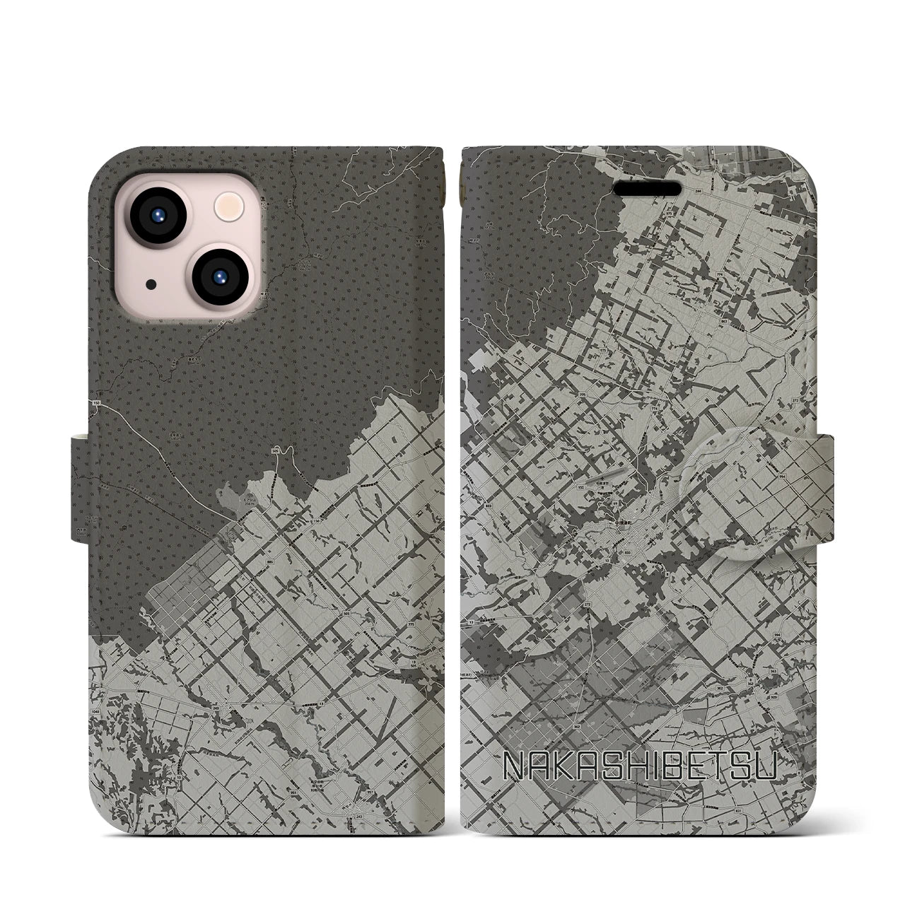 【中標津(北海道)】地図柄iPhoneケース(手帳タイプ)モノトーン・iPhone 13 mini 用