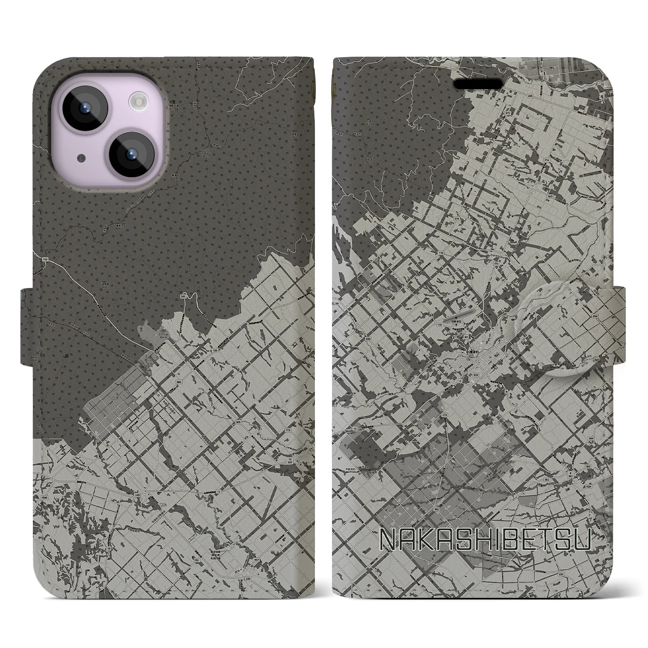 【中標津(北海道)】地図柄iPhoneケース(手帳タイプ)モノトーン・iPhone 14 用
